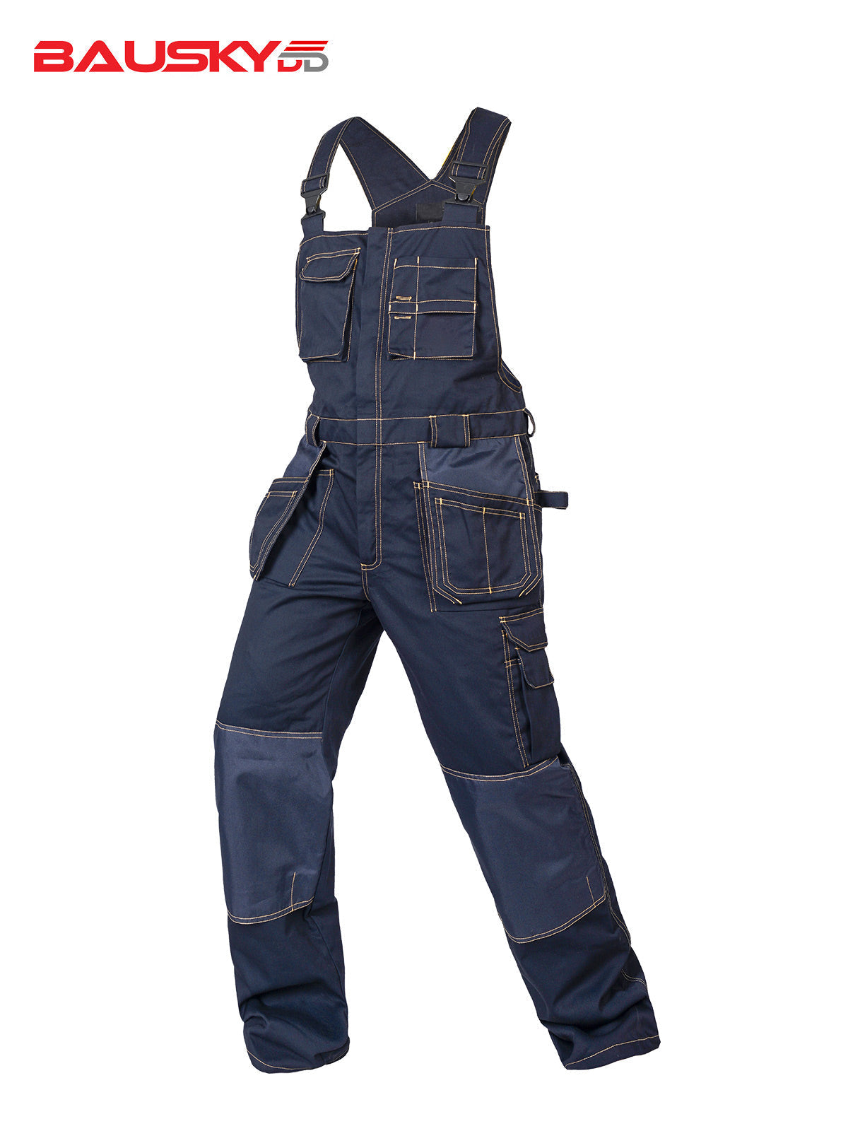 Polyester Bib Overalls for Mechanics with Pockets & Installable Knee Pads